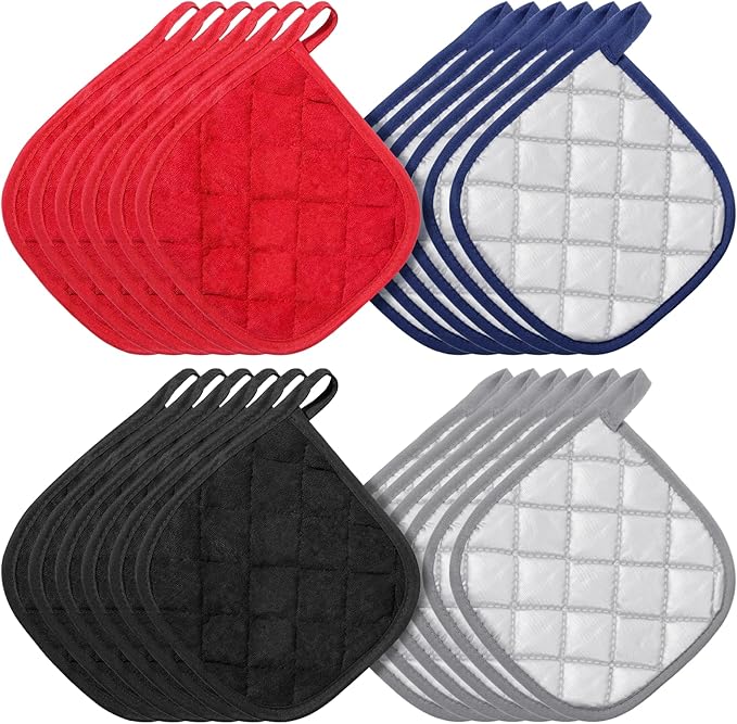 SHENLIU 24 Pcs Cotton Pot Holders for Kitchen, 7 x 7 Inches Heat Resistant Potholders Bulk Hot Pads 4 Colors Washable with Hanging Loops for Cooking Baking Black Gray Blue Red