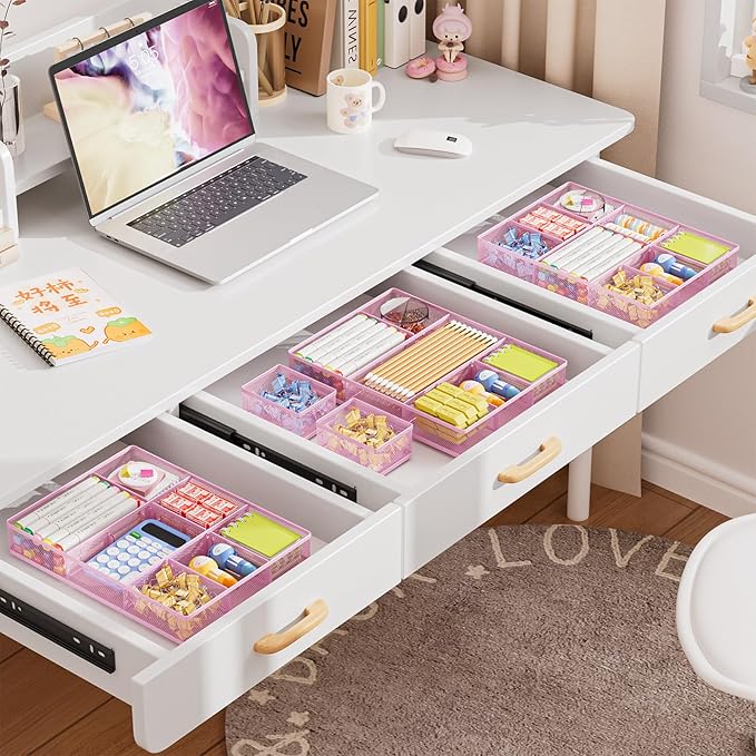 Marbrasse 3 Packs Desk Drawer Organizers, Metal Mesh Dividers with 9 Adjustable Compartments, Pen Organizer for Drawer Tray Box Accessories for Desktop,Kitchen, Makeup(Pink)