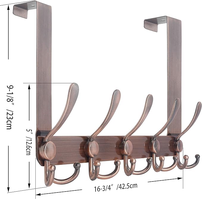 WEBI Over The Door Hook,Door Hanger Hook Rack with 5 Tri Hooks for Hanging,Over Door Towel Rack Door Coat Hanger Door Coat Rack for Bathroom,Behind Back of Door,Antique Copper,2 Packs