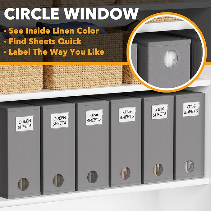 SpaceAid 6 Pack Bed Sheet Organizers and Storage, Foldable Sheet Organizer for Linen Closet, Sheets Set Folder Keeper with Window XL (Queen & King Size) Bedding Container (Gray, 6 Pack)