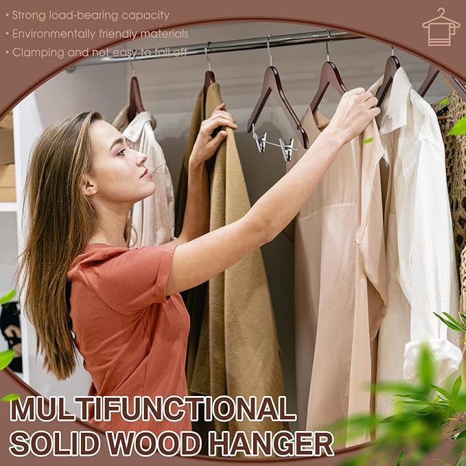 Sieral 30 Pack Wooden Pants Hangers with Clips Solid Wood Skirt Suit Coat Hangers with 2 Adjustable Clips 360 Degree Swivel Hook for Trousers Jeans Slacks Shorts Bottom, 14 Inch(Brown,Classic)