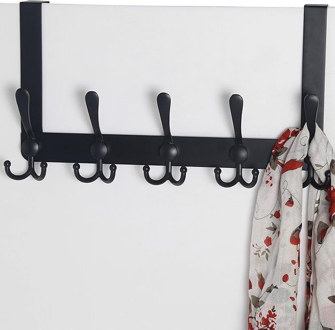 SKOLOO Over The Door Hook - for Doors up to 1-3/4'' Thickness, Pack of 2, Metal Door Hanger with 5 Triple Hooks, Black Over The Door Hanger for Coats, Hats,Towels, Assembly Required