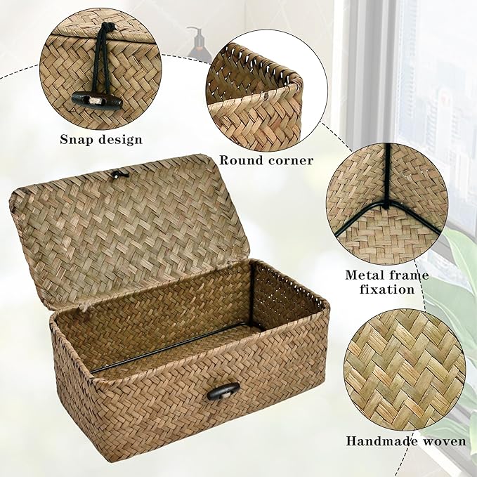 Dryer Sheet Holder, Woven Seagrass Dryer Sheet Container with Lid, Farmhouse Dryer Sheet Box Decor, Dryer Balls Dispenser for Laundry Room Organization and Storage-Natural Color