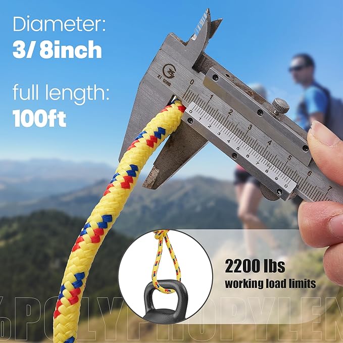 3/8 Inch 100 ft Diamond Braided Polypropylene Rope, All Purpose Thick Boat Marine Ropes for Camping and Flag Pole, Indoor and Outdoor Use, Indoor and Outdoor Use, Yellow