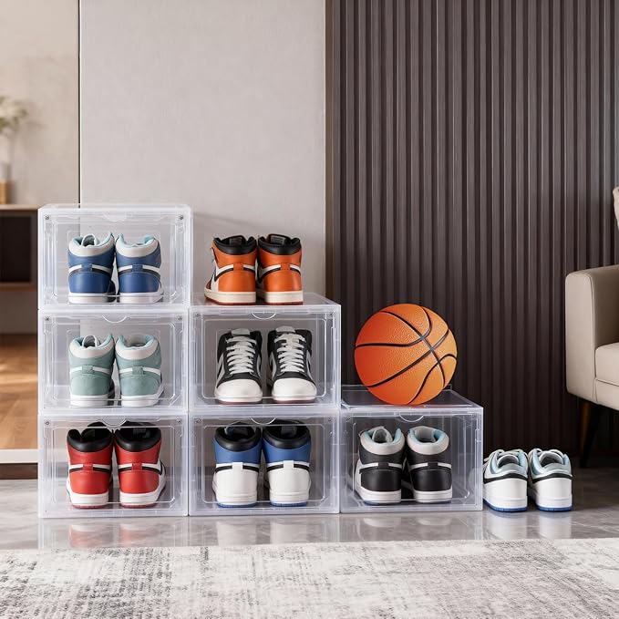 6Pack Shoe Storage Boxes, Shoe Boxes Clear Plastic Stackable, Shoes Storage Organizer with Magnetic Door, Thicken & Sturdy Shoes Organizer for Closet Sneaker Boot Container, 13.4x10.5x7.3 inch