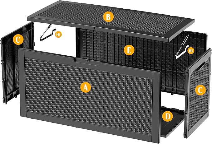 Vixzen 120 Gallon Waterproof Large Deck Box, Lockable Resin Outdoor Storage Box with Hydraulic Lid, Durable Storage Bin for Patio Furniture Cushions, Garden Tools, Pool Accessories, Black