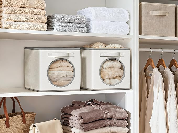 Vailando Foldable Fabric Storage Cube with Round Window - 4 Pack 13"x13"x13" Collapsible Closet Organizer Bins for Clothes, Shelves, Offices, Toys & Misc, White & Ivory