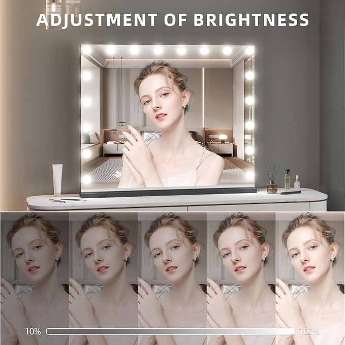 Vanity Mirror with Lights,Makeup Mirror with 17 Dimmable LED Bulbs, 3 Color Lighting Modes Detachable 10X Magnification Mirror Touch Control, 23.6X19,7 inch, Black