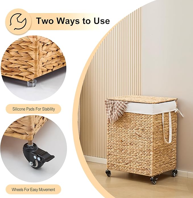 2-Section Laundry Hamper with Lid, Large Capacity Woven Natural Water Hyacinth Laundry Sorter with Removable Liners, Rolling or Non-Slip Design for Bedroom(Natural, 2-Section)