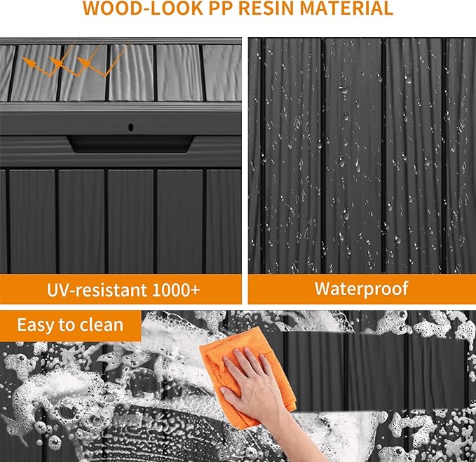 Vixzen 45 Gallon Waterproof Resin Deck Box, UV Resistant Outdoor Storage for Garden, Patio, Porch, Delivery, Black