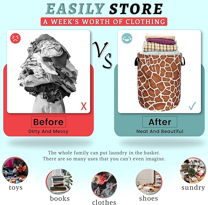 Giraffe Texture Laundry Basket With Handles Oxford Cloth Tote Bag Animals Laundry Hamper 18.9"x16.5" Foldable Clothes Storage Bucket Toy Organizer For Bathroom/Laundry/Bedroom