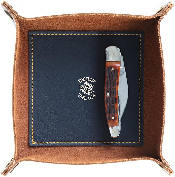 USA Handmade Premium Leather Valet Tray, Folds Flat! Dice Rolling Basket and Organizer with Brass Snaps (Chestnut and Blue Gold, Medium)