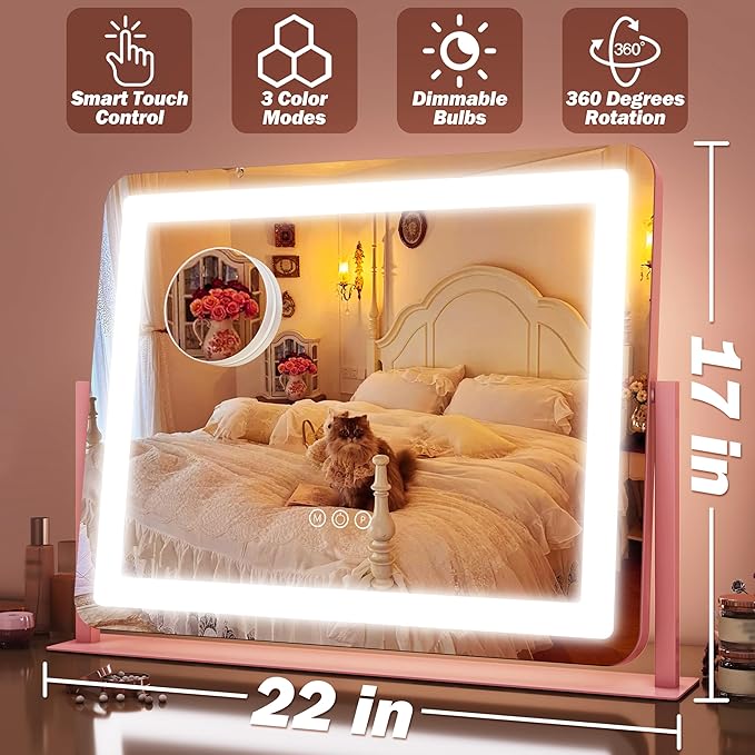 FENNIO Vanity Mirror with Lights 22''x17'' Makeup Mirror,Vanity Mirror Touch Screen with 3-Color Lighting,Dimmable,for Vanity Desk Tabletop（Pink）