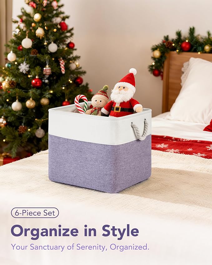 13x15x13 Storage Cube Bins, Heavy Duty Foldable Fabric Storage Bins with Handles and Metal Frame, 6 Pack Large Closet Organizer Bins for Clothes, Socks, Towels, White Purple