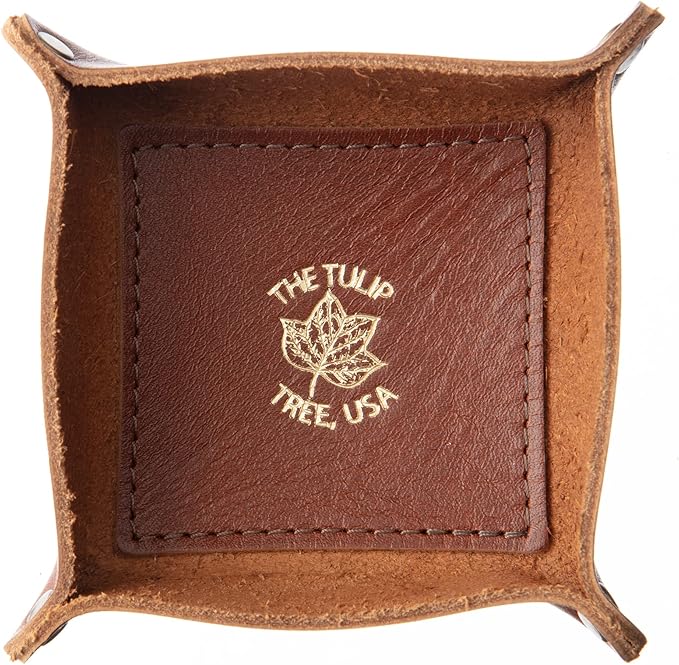 USA Handmade Premium Leather Valet Tray, Folds Flat! Dice Rolling Basket and Organizer with Brass Rivets (Chestnut, Mini)