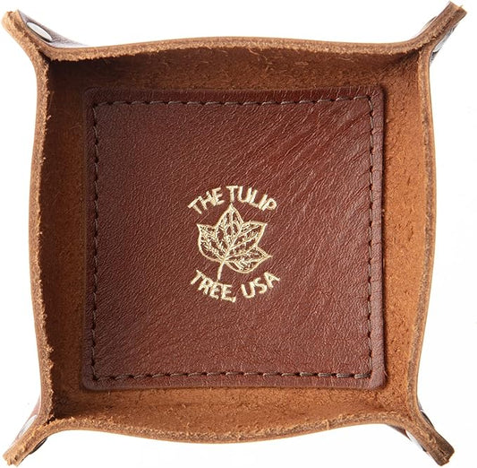 USA Handmade Premium Leather Valet Tray, Folds Flat! Dice Rolling Basket and Organizer with Brass Rivets (Chestnut, Mini)