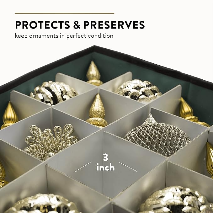 Zober Christmas Ornament Storage Box - Stores 64 Ornaments - Non-Woven, Tear- Proof Christmas Ornament Storage Containers - 3 Inch Cube Compartments - Green