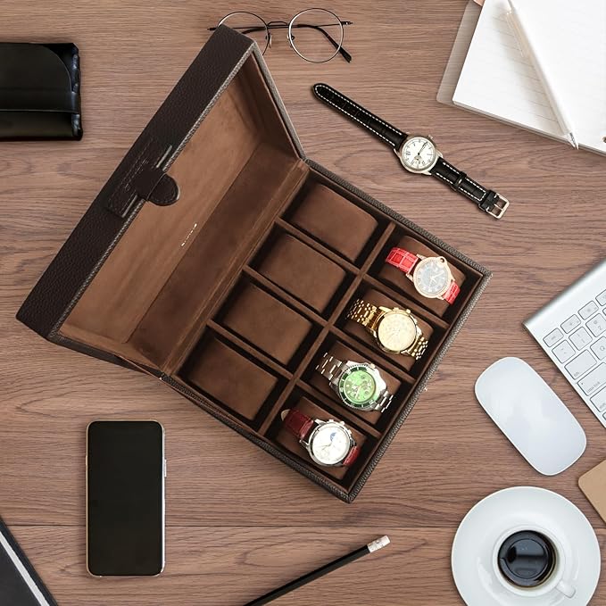 SANZIE 8-Slot Watch Box for Mens Watch Case with Removable Watch Pillows, Watch Holder Organizer Watch Storage with Brown Synthetic Leather (Brown)