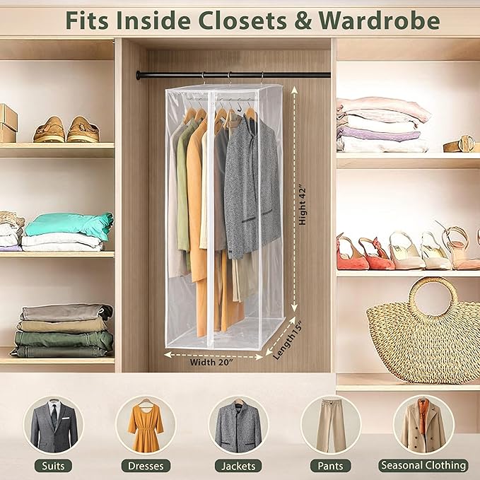 Garment Bag - Clear Hanging Closet Organizer - Durable Zippered Cover with Rod Protects Dresses, Suits, and Jackets from Dust and Moist- Top Metal Frame to Keep All Your Stuff in Shape- 42" x 20" x 15
