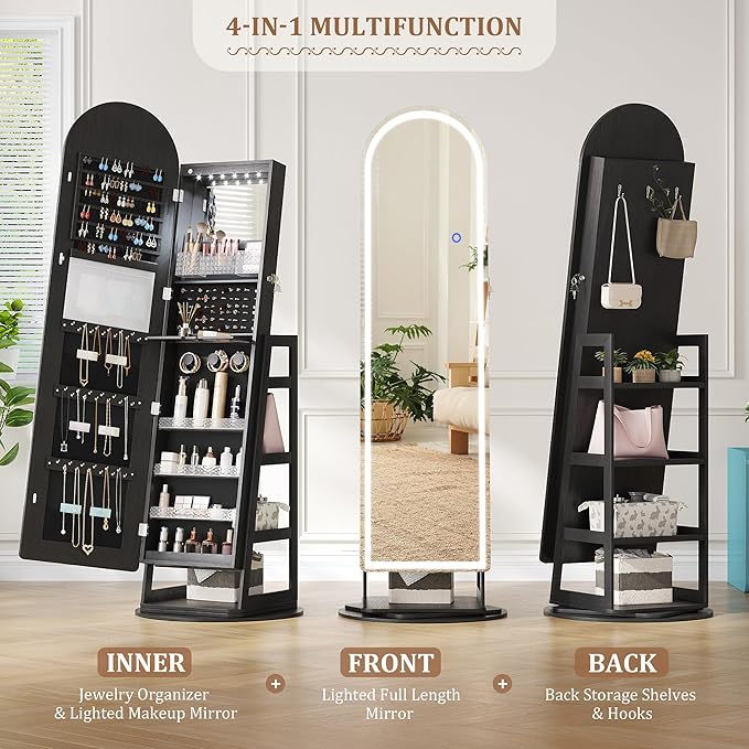 LVSOMT LED Mirror Jewelry Cabinet Standing, Lockable Jewelry Armoire with Arched Full-Length Mirror and Adjustable LED Lights, Space-Saving Jewelry Organizer with Mirror(Black)