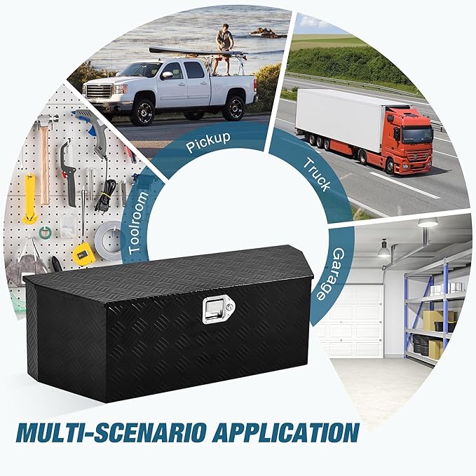 Garvee 36 in Aluminum Utility Trailer Tongue Tool Box Wide Utility Trailer Tongue Box RV Storage OrganizerTrailer Storage Toolbox With Lock & Keys Black, 5 Bar Tread (36 in X12 in X12 in)