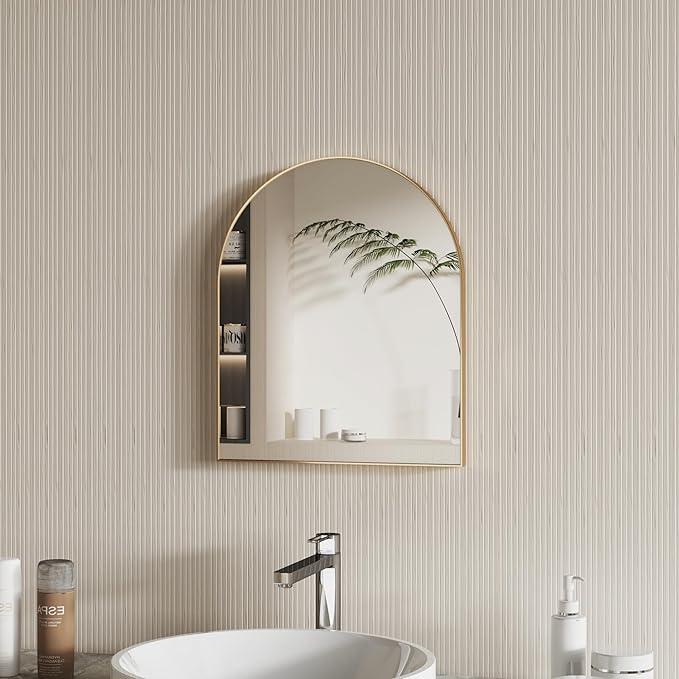 15x23 Inch Compact Gold Arched Mirror Perfect for Small Bathroom Vanity & Decorative Wall Use Space-Saving Brushed Metal Frame Arch Mirror for Bathroom Living Room Bedroom or Entryway