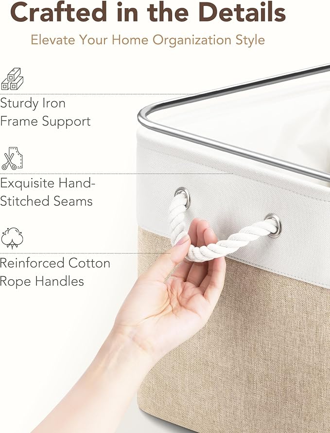 13x15x13 Storage Cube Bins, Heavy Duty Foldable Fabric Storage Bins with Handles and Metal Frame, 6 Pack Large Closet Organizer Bins for Clothes, Socks, Towels, White Khaki