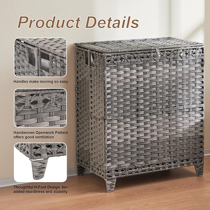 Laundry Hamper with Lid, 190L Large Laundry Basket 3 Section with 6 Removable Liner Bags & 3 Mesh Laundry Bags, Handwoven Rattan Clothes Hamper with Heightened Feet, No Install Needed, Grey