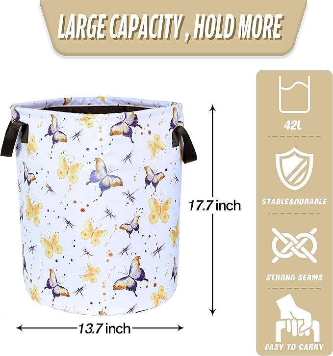 Butterfly Laundry Basket Colorful Animals Foldable Oxford Cloth Tote Bag Laundry Hamper Clothes Storage Bucket Organizer For Bathroom/Laundry Storage/Bedroom Storage Basket 17.7x13.7Inch