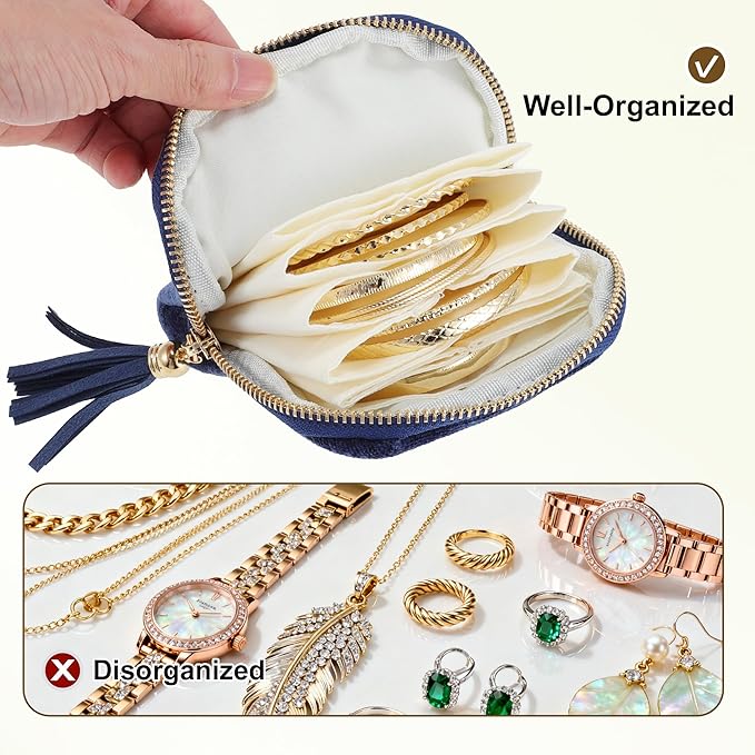 VOCOSTE Travel Jewelry Case, Portable Jewelry Organizer with 6 Independent Layers, Small Pouch Bag for Necklace Bracelet Rings Earring Storage, Women Gift Idea, Blue