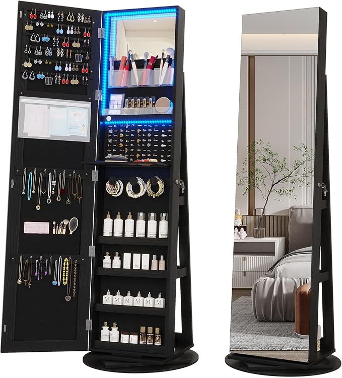 Vlsrka 360° Swivel Mirror Jewelry Cabinet with Lights, Large Jewelry Armoire Cabinet Standing, Lockable Free length Mirror with Storage, Rear Storage Shelves, Black