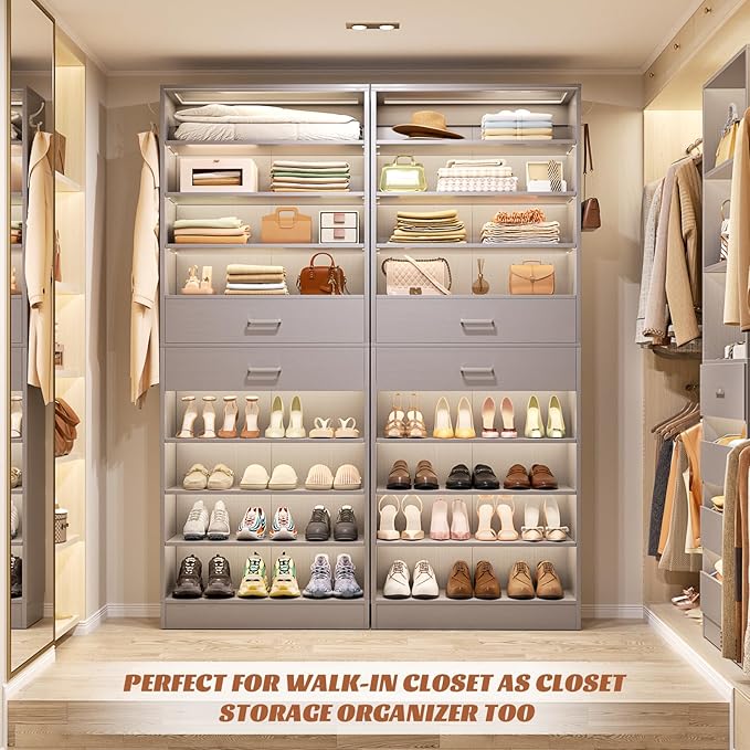 Aheaplus Tall Shoe Cabinet, 10 Tiers Wood Shoe Rack, Vertical Shoe Storage Organizer with 2 Drawers, Narrow Shoe Shelf Tower for 24-28 Pairs, Space Saving, for Closet, Entryway, Bedroom, Grey