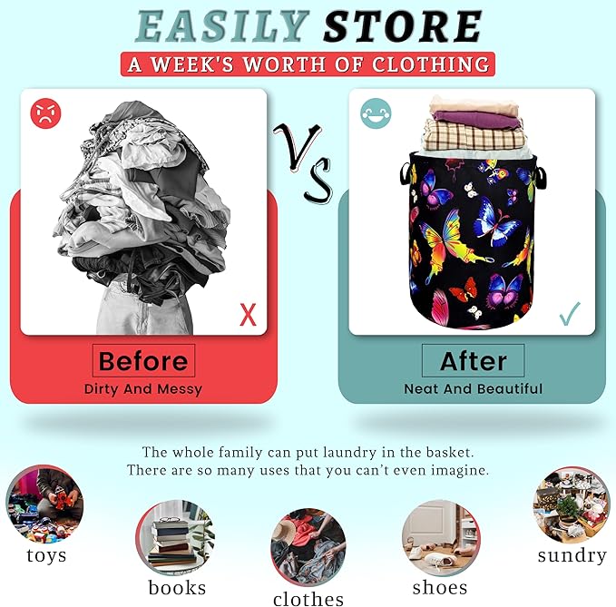 Colorful Butterfly Laundry Hamper Foldable With Handles Tote Bag Universal Oxford Cloth Butterflies Laundry Basket Clothes Toy Storage Bucket 18.9" x 16.5 "For Bathroom/Laundry/Bedroom