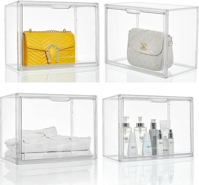 Attelite Clear Purse Organizer for Closet, Plastic Handbag Storage Organizer 4 Pack Clear Acrylic Display Case with Magnetic Door for Wallet, Book, Cosmetic, Clutch Organization