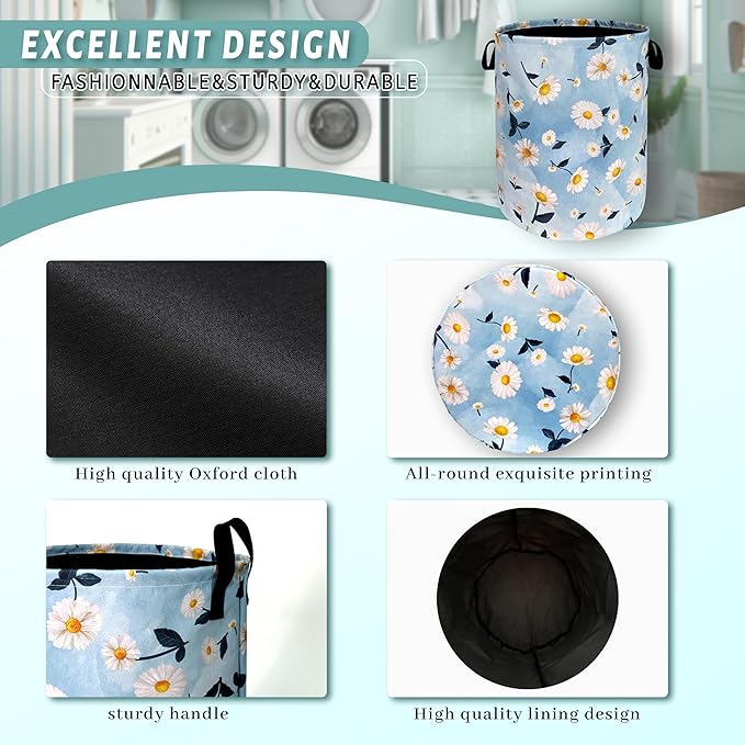 Cute Daisy Floral Laundry Hamper Foldable With Handles Flowers Tote Bag Oxford Cloth Colorful Laundry Basket Clothes Toy Storage Bucket 18.9" x 16.5" For Bathroom/Laundry/Bedroom