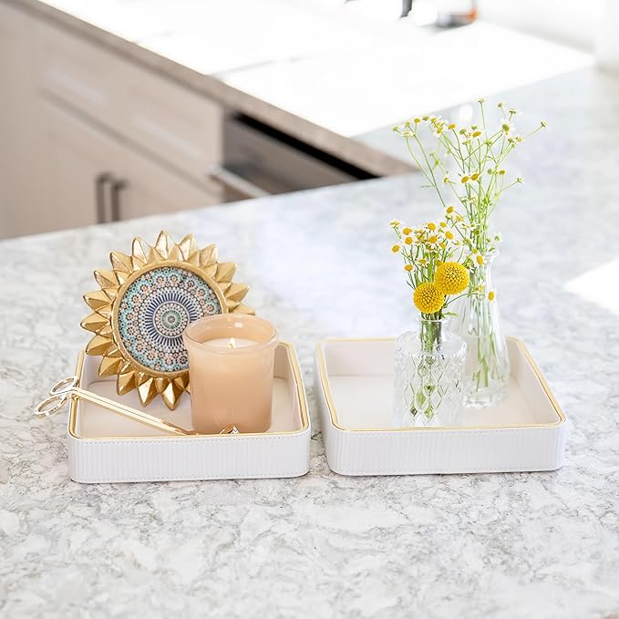 ZHEM Catch All Trays for Jewelry| Small Leather Valet Tray| Key Bowl for Entryway Table EDC Trinket Tray Catch All| Perfume Trays for Dresser Organizer Perfume Holder (White 8"x8"x1.8" 2 Pack)