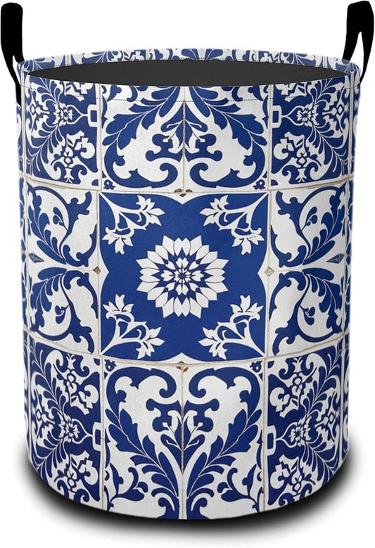 Blue Laundry Basket-Large Foldable Hamper Holder Portable Tall Collapsible Laundry Hamper Storage Basket Bin with Handles, Canvas & Waterproof lining for Household Items