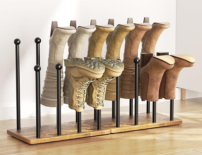 pickpiff Boot Rack 8-Pair Shoe Organizer Tall 16.4'' Free Standing Shoes Holder Metal With Wood Base