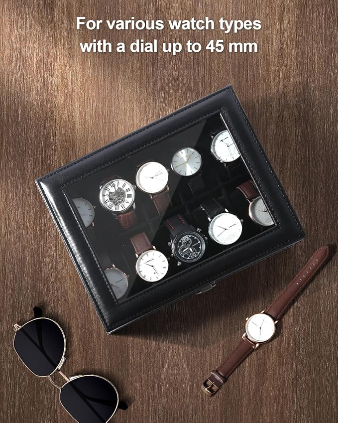 Uten Watch Box 10 Slots, Watch Box for Men, Watch Display Case, Watch Storage Box with Removable Cushion, Metal Clasp, PU Leather, Black