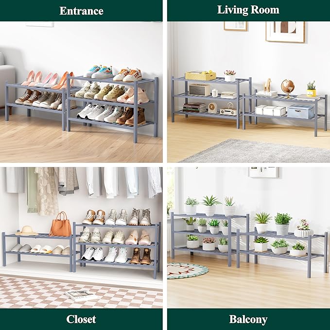 Smiry Bamboo Shoe Rack for Closet, 2 Tier Wooden Stackable Shoe Organizer, Free Standing Shoes Storage Shelf for Entryway, Front Door Entrance, Grey