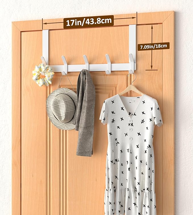 Over The Door Hooks Hanger with 7" Arms for Hanging Heavy Coats, Towel, J7U, Perfectly Fits US Standard 1 3/8-inch Doors, Towel Rack Bathroom Organizer Holder, Rustproof, White