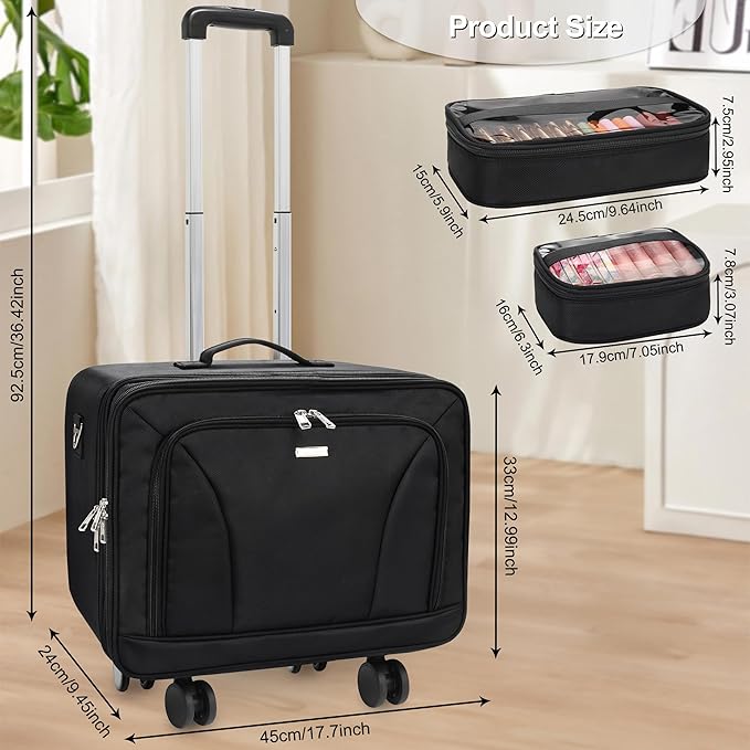 Relavel Rolling Makeup Case, Extra Large Travel Train Case with 360° Spinner Wheels, 3 Layer with Insulation Compartment & Four Clear Storage Bags, Professional Makeup Artist Bag Set, Black