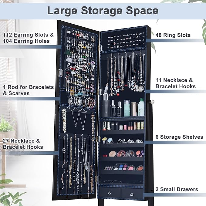 COSTWAY Standing Jewelry Armoire Cabinet, 4-Angle Tilting Jewelry Organizer with Full-Length Mirror and Large Storage Capacity, Lockable Jewelry Cabinet for Bedroom, Dressing Room (Black)