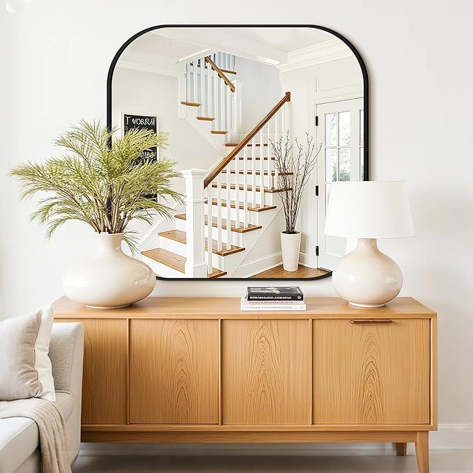 Bathroom Mirror for Wall, Black Bathroom Vanity Mirror for Over Sink 35 x 35, HD Reflection Shatterproof Square Mirror for Living Room Bedroom Entryway, Metal Frame