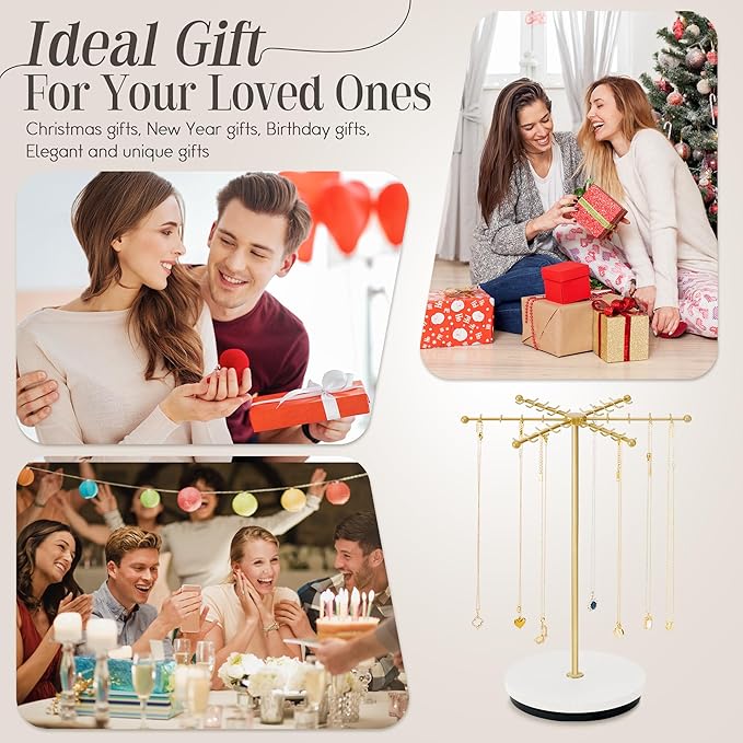 Necklace Holder Jewelry Stand, Rotating Necklace Holder Organizer with 48 Hooks for Necklace Earring Keychains Bracelet Display Stand, Metal Necklace Tree Stand -Women Gifts (Gold)