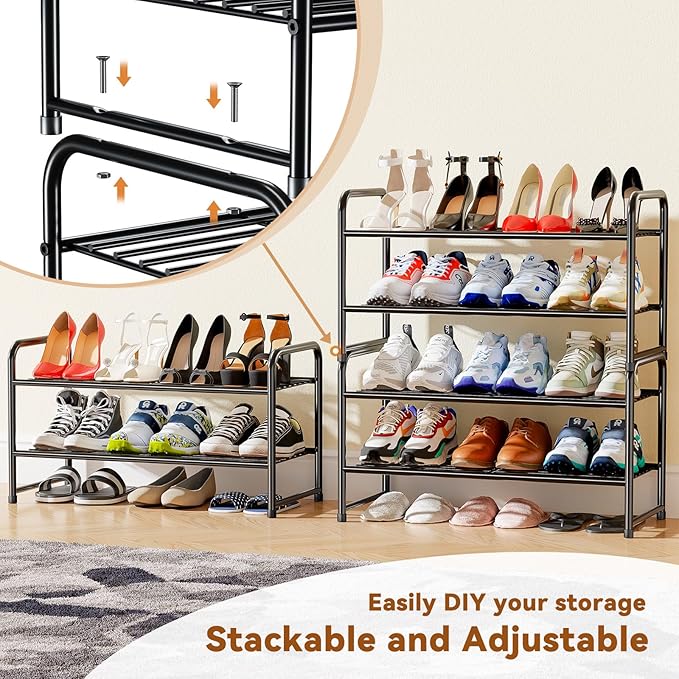 2 Tier Shoe Rack for Closet, Metal Wire, Stackble, Black