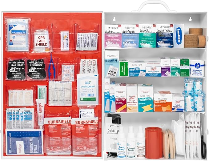 MFASCO Commercial Wall Mount 4 Shelf First Aid Kit - OSHA & ANSI Compliant, Refillable Metal First Aid Cabinet for Businesses, Large First Aid Kit Box for Office and Shop - No Label or Company Logo