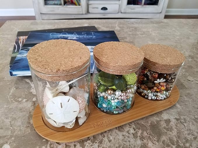 Glass Jar Set on Bamboo Tray, Natural Cork Lids, Bath Item Qtip Cotton Ball Canisters, Seasonal Display Decor, Centerpiece