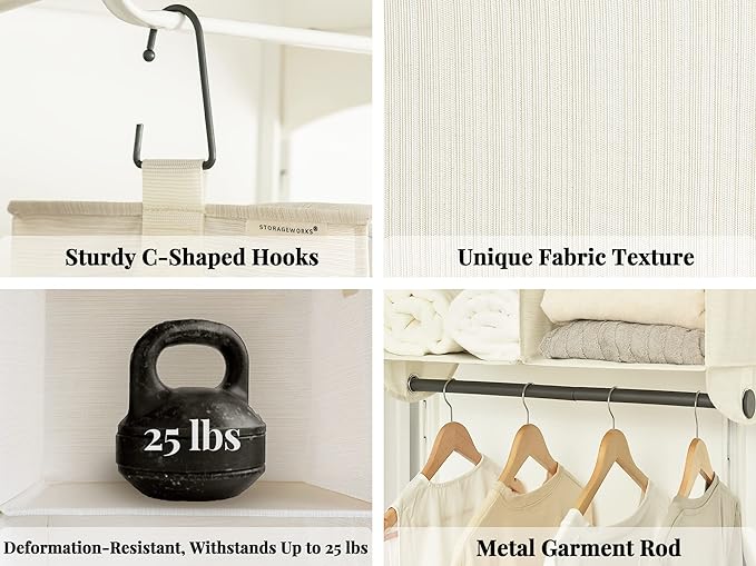 StorageWorks Hanging Closet Organizer with Metal Rod, 4-Section Closet Organizers and Storage, Collapsible Hanging Shelves for Baby Clothes, Shoes, Sweater Storage, Ivory and White