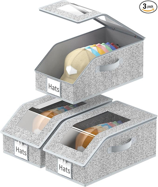 3 Pack Stackable Hat Organizer for Baseball Caps, Hat Storage with Clear Window Lid, Holds up to 45 Ball Cap Storage Organizer, Foldable Hat Box Holder with Cardboard, for Closet Bedroom Shelf(Grey)